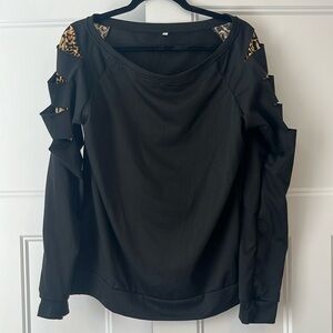 Black and Leopard Wide Scoop Neck Off Shoulder Sweater